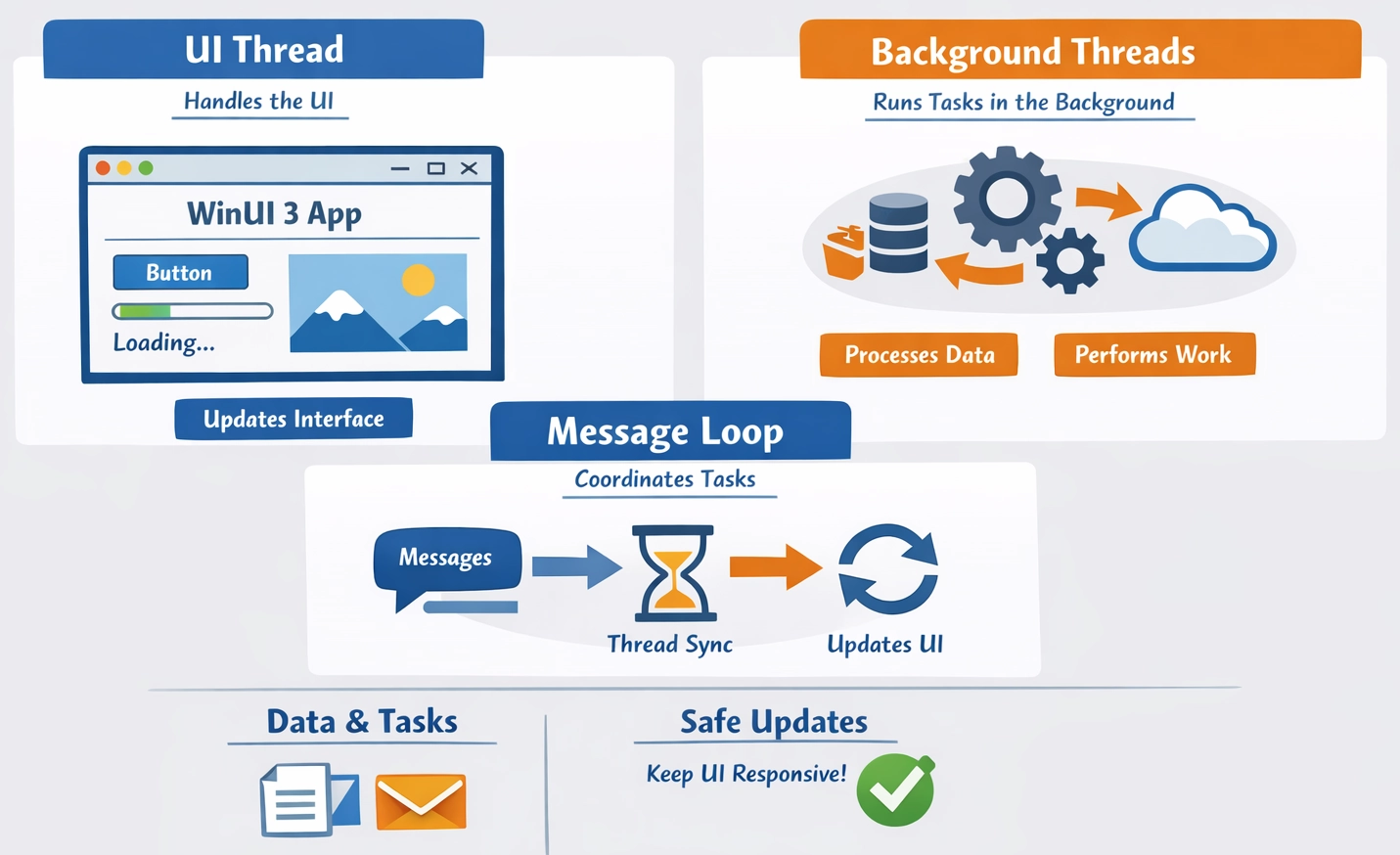 How does the WinUI 3 threading model work