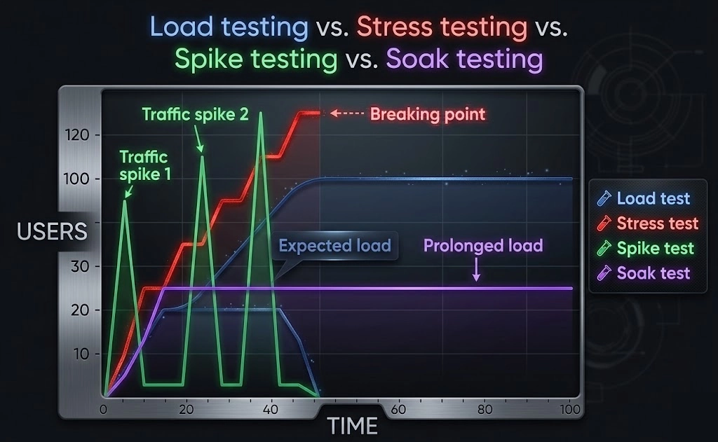 Load vs stress vs soak: what does each prove?