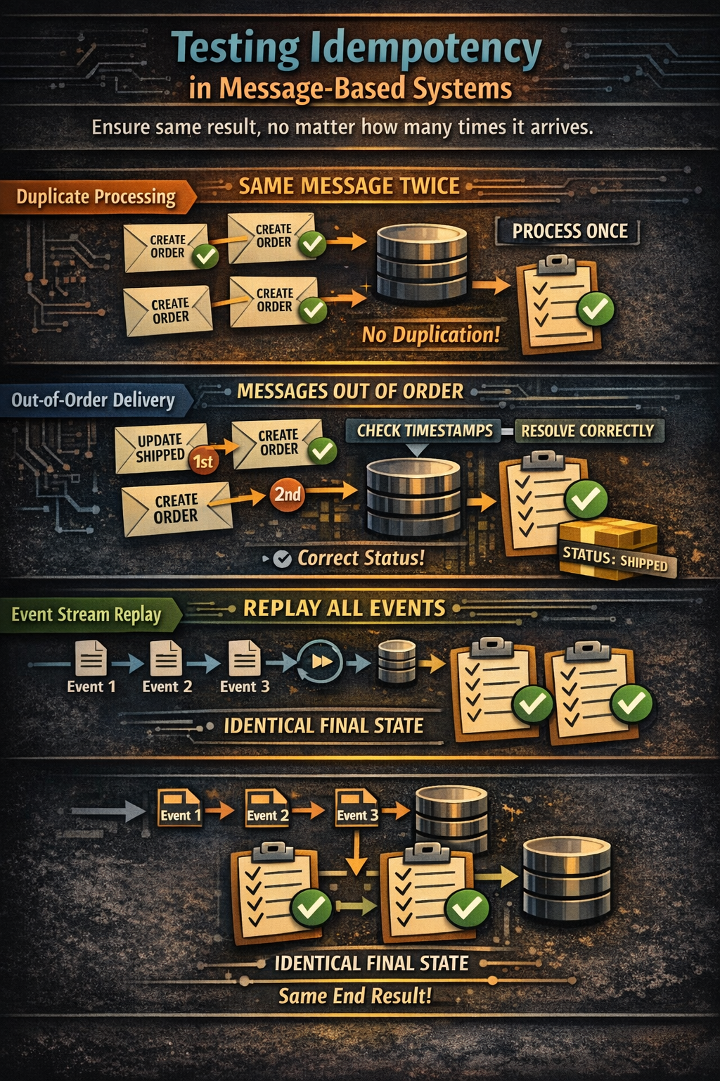 How do you test idempotency in message consumers (duplicate delivery, out-of-order, replay)?
