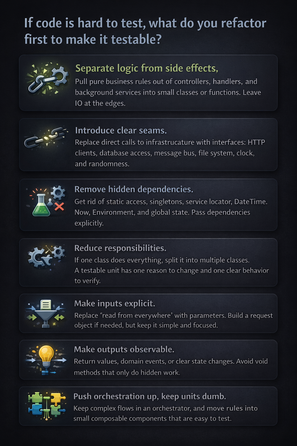 If code is hard to test, what do you refactor first to make it testable?