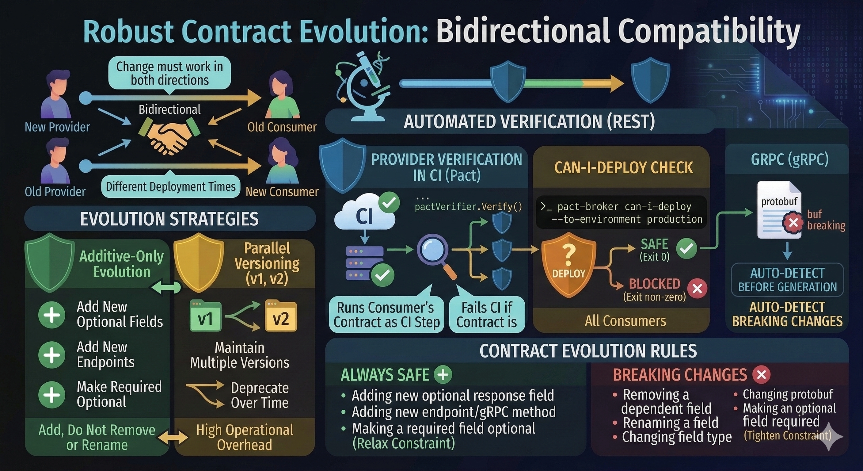 ❓ How do you evolve contracts safely (versioning, compatibility, provider verification)?