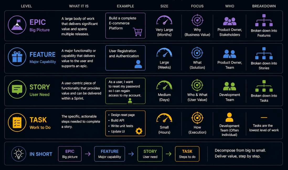 What is the difference between epic, feature, story, and task?