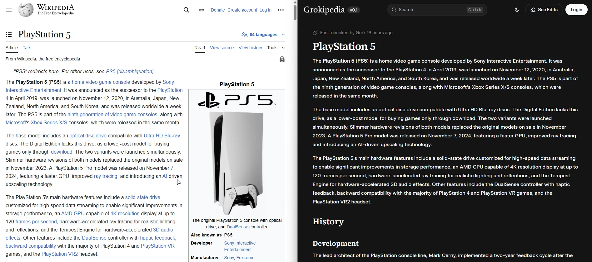 PlayStation article comparison Wikipedia vs Grokipedia