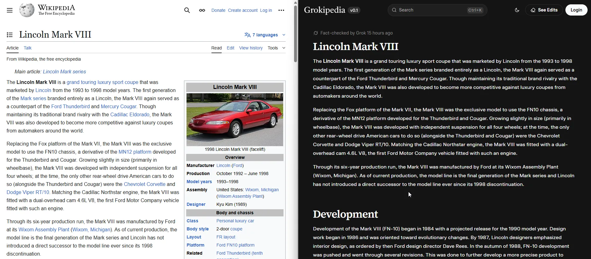 Lincoln Mark VIII article comparison Wikipedia vs Grokipedia